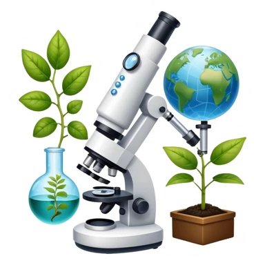 An icon featuring a DNA helix, a microscope, and a plant leaf, symbolizing biology. The design includes animal cells, a test tube, and a globe, representing the study of life forms, ecosystems, and genetics. Transparent background highlights the exploration of living organisms. sticker