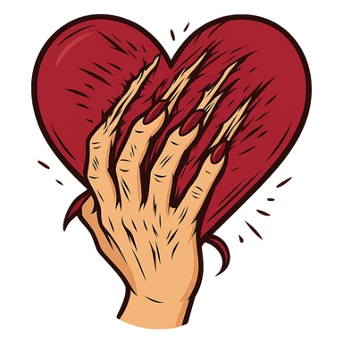 женская рука с маникюром вгоняет когти в винного цвета сердце и сильно раздирает царапает его (пальцы полусогнуты ногти вогнаны в царапины) рисованный стиль, ориентируйся на референсы по стилю и по уровню разодранности серца sticker