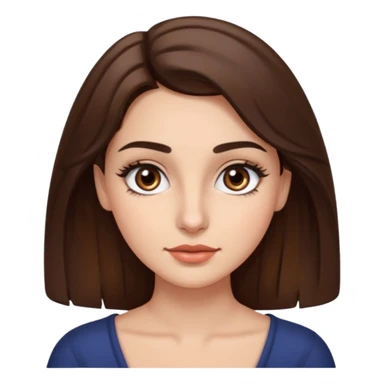 uma mulher com cabelo curto, castanho, levemente ondulados e um pouco abaixo do ombro, sobrancelhas grossas e cílios grandes. Cor da pele é branca e olhos castanhos e um pequeno sinal na bochecha direita.  sticker