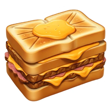 kavurma meat toasted sandwich object icon, grilled toasted bread, sautéed Turkish kavurma beef filling, melted cheese, juicy meat texture, golden brown crust, warm steam rising, 3D cartoon, mobile game icon style, centered, clean background, no text, no watermark sticker