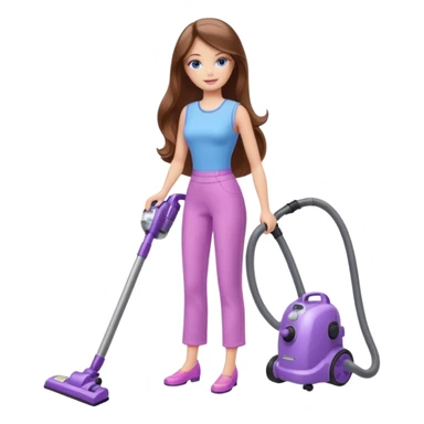 beautiful barbie girl with long brown hair, blue eyes and wearing light purple clothes, cleaning and vacuuming sticker