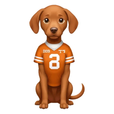 Viszla dog wearing a university of Texas football jersey  sticker