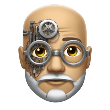 Tan bald male Latino cyborg head with grey beard, silver steampunk monocle goggles and circuits sticker
