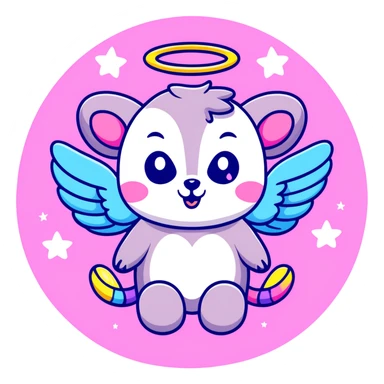 adorable possum with angel wings and halo, surrounded by stars and hearts, Lisa Frank colors sticker