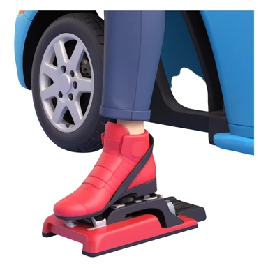 A clean 3D emoji-style illustration of a single right foot pressing down on gas pedal. Only the foot and the pedal are shown, viewed from the side. The pedal is slightly tilted to show pressure. No background, simple colors, minimal details sticker