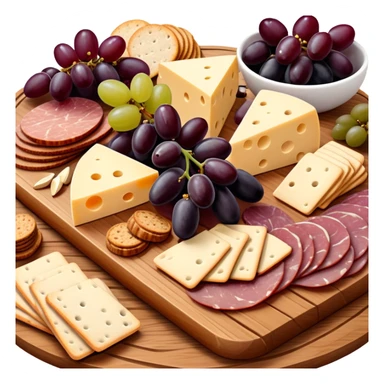 Delicious charcuterie board with assorted cheeses, meats, crackers, grapes, and olives arranged beautifully on a wooden board sticker