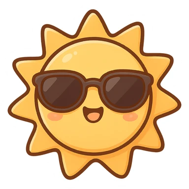 chibi sticker-style sun with sunglasses, cute and exaggerated sticker