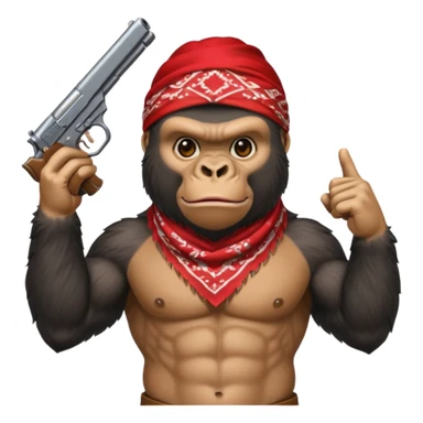 A gorilla holding a gun in the air with a bandana  sticker