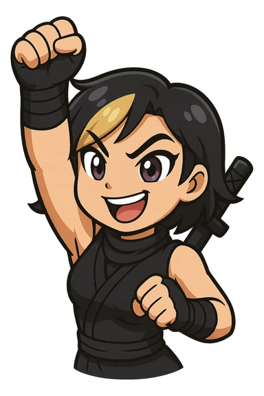 Edit this exact chibi ninja girl to punch the air with her arm throwing a punch upward in a dynamic motion. Keep the same anime chibi style, face, outfit, and colors. Transparent background, sized for Twitch emoji use. sticker