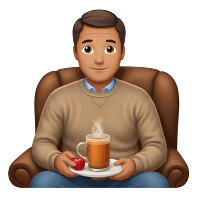 Cozy handsome 45 year old man sitting next to a nice fireplace with a hot apple cider, book, and plate of chocolate cookies. sticker