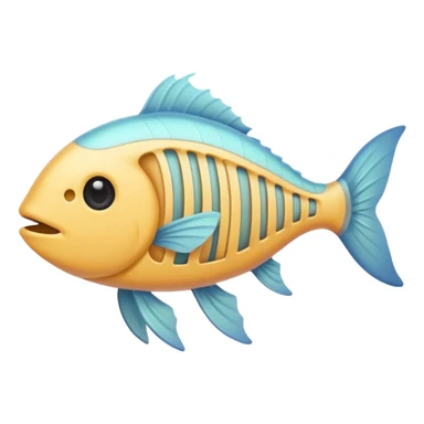 A simple emoji-style fishbone — cartoon look, clean outline, pastel colors, with a rounded fish head, hollow eye, and clear rib bones leading to a tail. Minimal, cute, and high contrast without any cat shown sticker