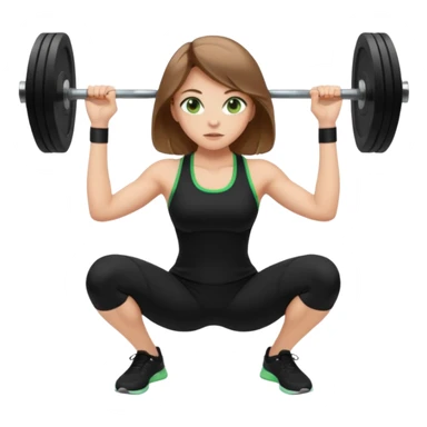 Beautiful woman with light brown shoulder length hair popping a squat without any weights. Make her with a little lighter, brown hair and green eyes. Make her fair skinned and wearing a black workout suit. sticker