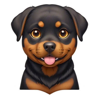 Cinematic Cute Rottweiler Portrait Emoji, Head tilted playfully and inquisitively, featuring a glossy black coat with distinct tan accents, round, sparkling brown eyes filled with curiosity, Simplified yet irresistibly adorable features, highly detailed, glowing with a warm, friendly glow, high shine, affectionate and lively, stylized with a touch of whimsy, bright and endearing, soft glowing outline, capturing the essence of a mischievous yet loving companion, so playful it feels like it could bound out of the screen and into your arms! sticker