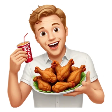 "Create an emoji of a white man holding KFC chicken wings with a happy and excited expression. Make sure to add the text 'KFC ABSOLUTE CINEMA ✋😮🤚' in large, bold letters, covering the entire screen and standing out clearly. This text must be included. Use a vibrant and expressive style." sticker