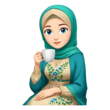 Turkish beautiful finish Konya girls blue eyes with Beautiful beige green floral hijab long tail dress and this two friends sit in a lovely garden on the chair on the ground and holds cup coffe with her hand  sticker