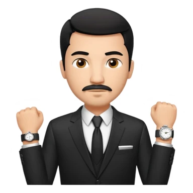 Roupa: terno preto moderno e bem ajustado, com camisa social branca sem gravata (para dar um ar mais contemporâneo), cinto de couro preto e relógio prateado. Tom de pele: médio quente
Cabelos: curtos e bem penteados PRETOS
Rosto: com bigode e cavanhaque leve, expressão firme e confiante. PRETOS sticker