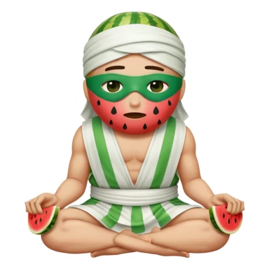 Create an emoji sitting cross-legged, wearing a completely white toga (no stripes). The emoji is blindfolded with a green and white striped cloth covering its eyes. A half watermelon is placed on top of its head. The emoji should look distressed or cold sticker