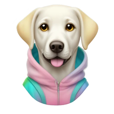 a very white labrador wearing a color dye hoodie with pink yellow light blue and green sticker