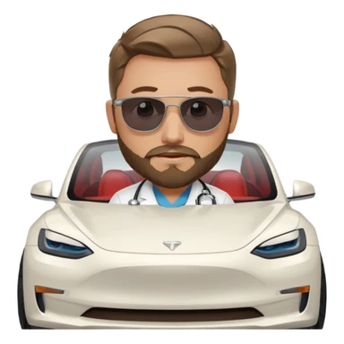 White tesla model 3 and one cool physician with dark blond hair, beard, stetoscope and dark sunglasses next to it sticker