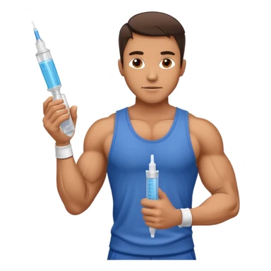 muscular man in gym with syringe sticker