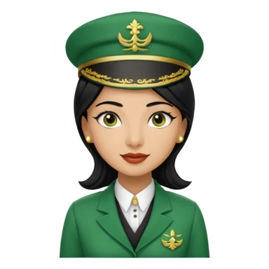 Lady hotel butler with green uniform black hair and just a lite bit brown skin and Arabic face with our hat please sticker