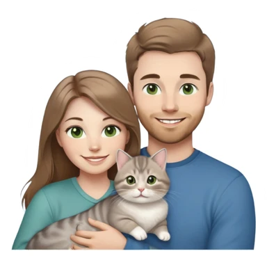 A 31-year-old Caucasian man with short light brown hair, green eyes, and his wife with long light brown hair, gray eyes, smiling. Their baby son with short light brown hair, blue eyes, and a British Golden Chinchilla cat with brown eyes. Warm, cheerful emoji style. sticker