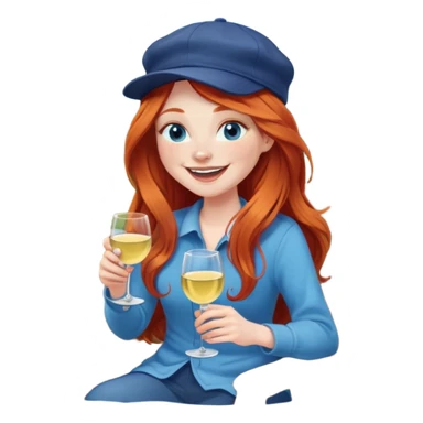 Laughing redhead with long hair and blue eyes wearing cap holding white wine sitting in chair beside fire pit sticker