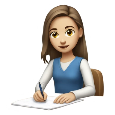 White Smart brown hair girl with blue eyes and light skin doing Homework on a desk writing on a piece of paper  sticker