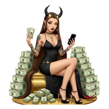 Sensual seductress long brown straight haired sexy drug lord woman with tattoos on arm sleeves and black gold platform high heels on her feet,  and devil black horns on her head, holding a stack of cash, has a phone in other hand. Sitting on gold cases full of drugs, long black dress with sexy slit sticker