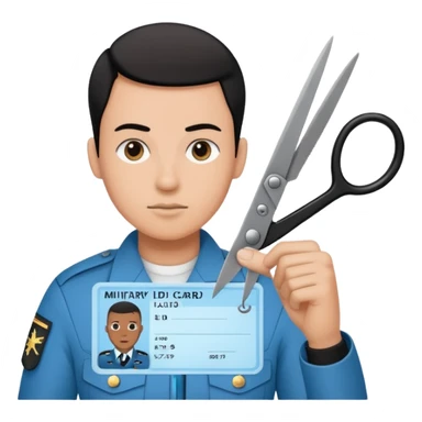 Floating black Scissors cutting a light blue military ID card in 2 parts .hyper realistic sticker