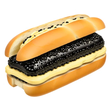 Apple style 3D emoji of a luxurious black caviar sandwich. A thick slice of fresh white baguette with a generous layer of creamy yellow butter, topped with a mountain of glistening, shiny black sturgeon caviar. premium aesthetic. sticker