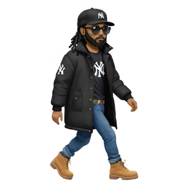 African American man with shoulder length black dreadlocks with black beard wearing black sunglasses wearing a black New York Yankees logo baseball cap wearing a black bubble winter coat with denim skinny jeans and timberland boots walking with hand out sticker
