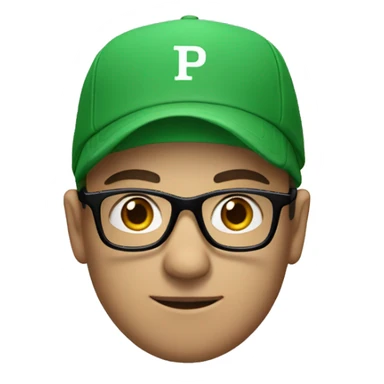 A man wearing a green cap with 'P' on it and black glasses, white skin sticker