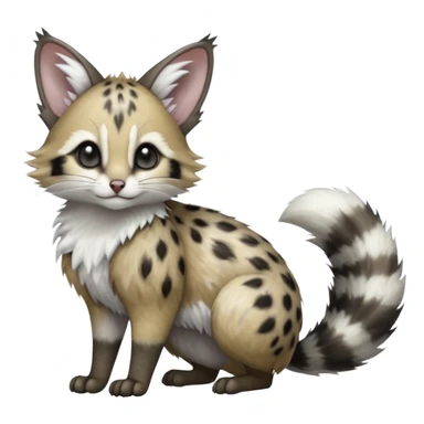 stormcell charcoal fur crackling with silver frost-veins and ghost-dust sheen Hyper-realistic beautiful elegant pretty precious cute  Fakémon-Pokémon-opossum-feline-serval-caracal-chinchilla-Furret-Minccino-hybrid-creature with a big fluffy bushy tail (full body) sticker