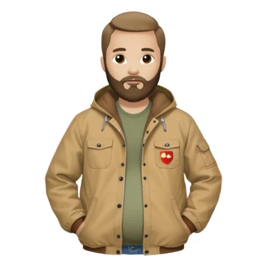 Bearded man with pregnant belly poking out of shirt wearing a tan canvas carhartt jacket next to chinese flag sticker