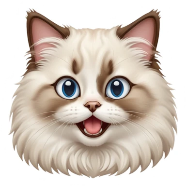 cinematic-adorable-big-eyed-fluffy-ragdoll-cat-portrait-emoji,-head-tilted-playfully-with-a-cute,-yawn,-white and brown fur,-simplified-yet-irresistibly-cute-features, blue eyes sticker