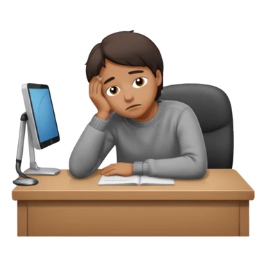 A person wearing a jumper experiencing burnout, exhausted and overwhelmed, tired eyes, slumped posture, sitting at a desk, iOS emoji style sticker