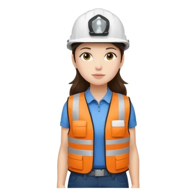 Brunette brown Girl full body standing with her white security helmet and security vest that fits her large on, also with her black backpack. Full body sticker