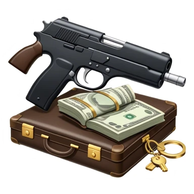 Icon for Action & Crime Reading: open book with text and picture, silhouette of a gun, a bag of money, a police badge. Surrounding elements include a pair of handcuffs, a briefcase and scattered bullet casings. Transparent background. sticker