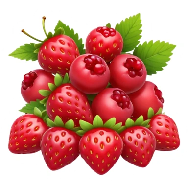 small pile or cluster of mixed red berries such as strawberries, raspberries, red currants, and cherries, natural color variation, glossy and fresh, 3D-rendered, clean, minimal, soft shadows, no faces or extras, transparent background, emoji scale sticker