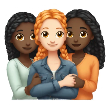 Four girls hugging one blonde one orange hair one black hair with braids and dark skin and lastly one with black hair sticker