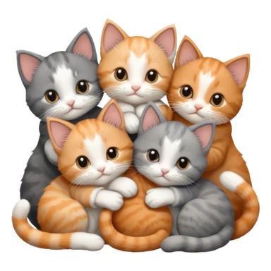 6 tiny kittens cuddling together all various different natural colours including solid grey with white mittens, grey and white, ginger and white, calico, and brown and white sticker