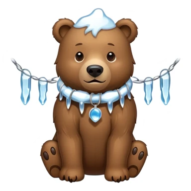Realistic brown bear on all four legs with a large ice collar around its neck, shaped like a dog collar, with icicles hanging down from it, minimalist emoji style sticker