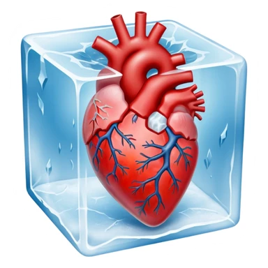 A highly detailed, realistic human heart frozen solid inside a transparent cube of ice, with visible cracks, frost, and cold mist surrounding it, dramatic lighting, dark background sticker
