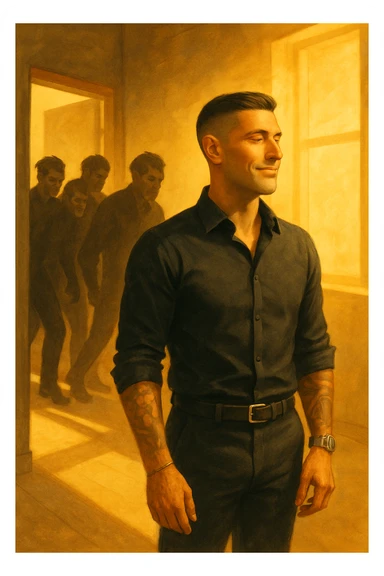 a man stands confidently in a sunlit room, facing away from a group of dark, shadowy figures with harsh or angry expressions who are walking out the door. The man’s posture is upright and relaxed, his face calm and relieved. Warm light fills the space, symbolizing his newfound peace and positivity. sticker
