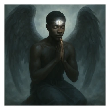 a black angel kneeling in prayer with a glowing third eye on forehead, ethereal atmosphere sticker