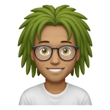man with brown dreads white tee golden eyes light green skin glasses and white smile sticker