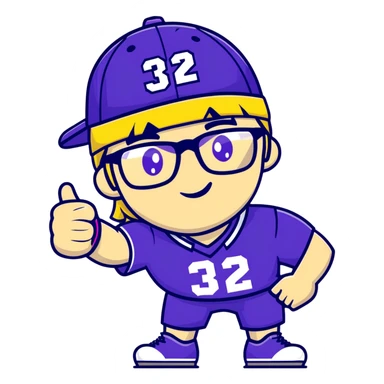 Man with black and white cap, purple sports jersey with number 32, clear glasses, light blond mullet hairstyle, thumbs up gesture, relaxed expression sticker