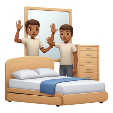 A person stands beside their bed, rolling out groggily with determination. The bed behind them is neatly made, a mirror in front of them shows them high-fiving their reflection. A glowing sunrise outside signals the start of a productive day. sticker