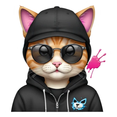 cat wearing a black snapback cap and black hoodie, with black sunglasses positioned low on his nose, winking one eye while looking directly at the viewer over the top of his sunglasses with a mischievous expression, doing graffiti with spray paint sticker